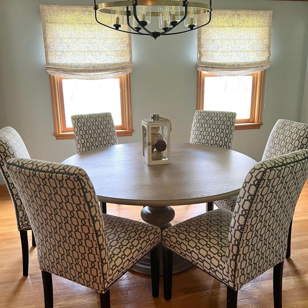 Interiors by Karyn Dining Room floral roman shades